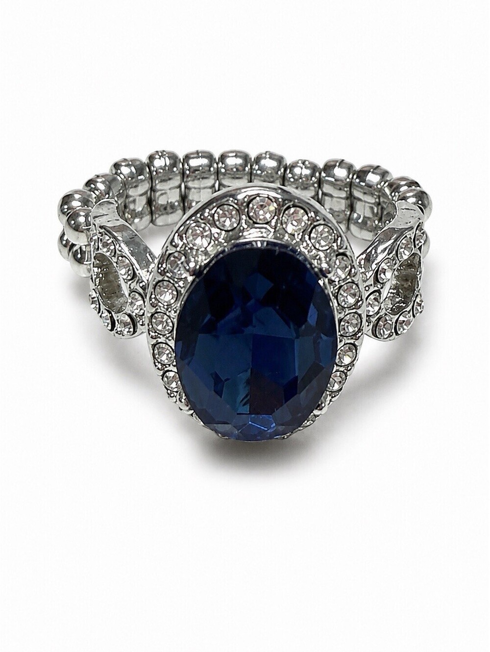 Silver Tone Blue Sapphire CZ Halo Stretch Ring Oval Cocktail Statement Size 8-9